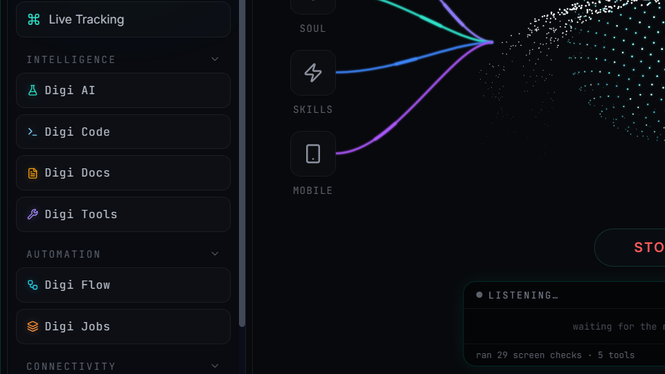 DIGI BIZ OS sidebar showing modules for AI, code, documents, tools and automation
