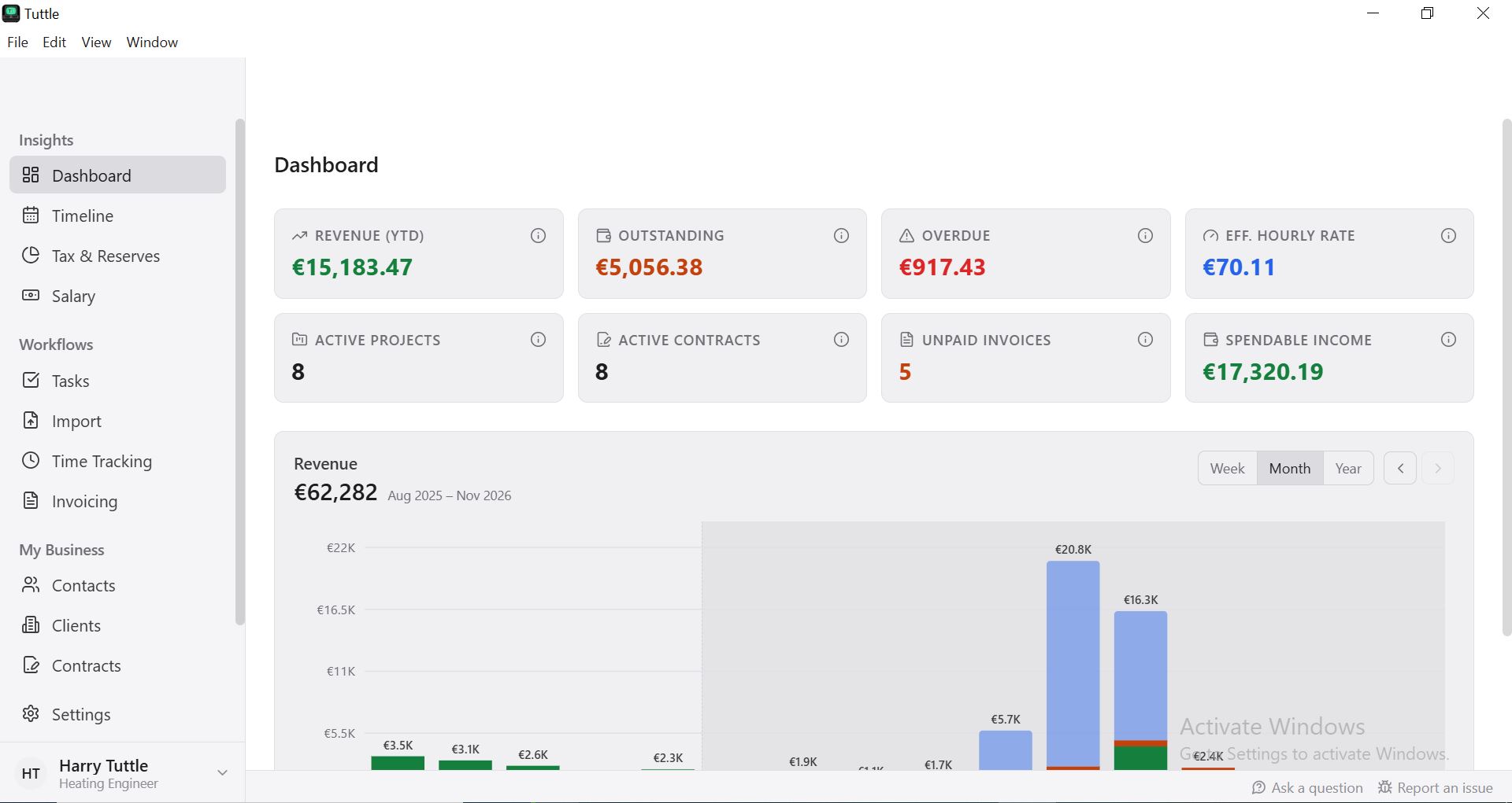 Tuttle Time Tracker desktop app showing the dashboard with revenue metrics and project timeline