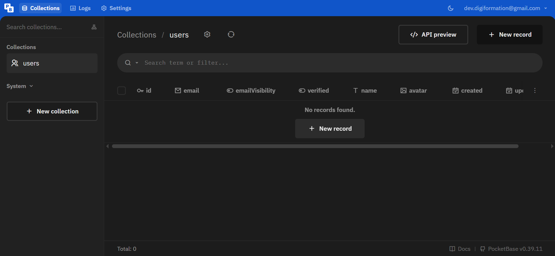 PocketBase admin dashboard showing the Collections view, API preview and database editor