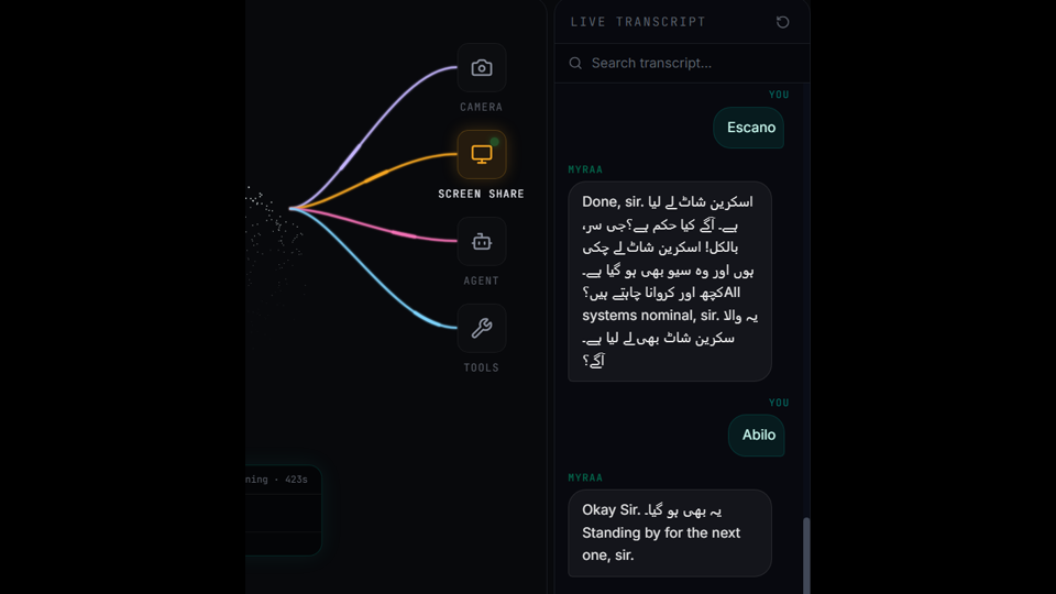 Voice transcript in DIGI BIZ OS showing a spoken instruction being executed