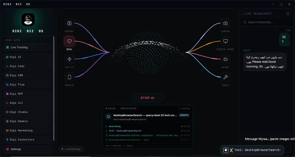 DIGI BIZ OS Live Execution & Vision screenshot — Autonomous agents executing real browser research and computer tasks.