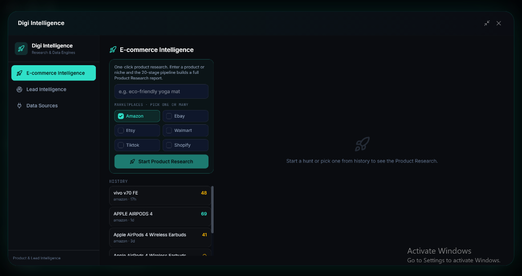Digi Intelligence interface with e-commerce intelligence, marketplace selectors and research history