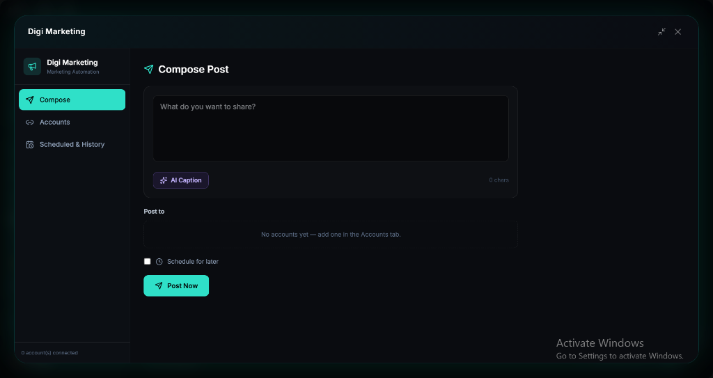 Digi Marketing compose post dashboard with AI caption generator and account scheduler