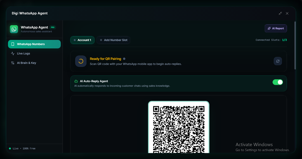 Digi WhatsApp Agent dashboard with QR pairing, number slots, and AI auto-reply toggles